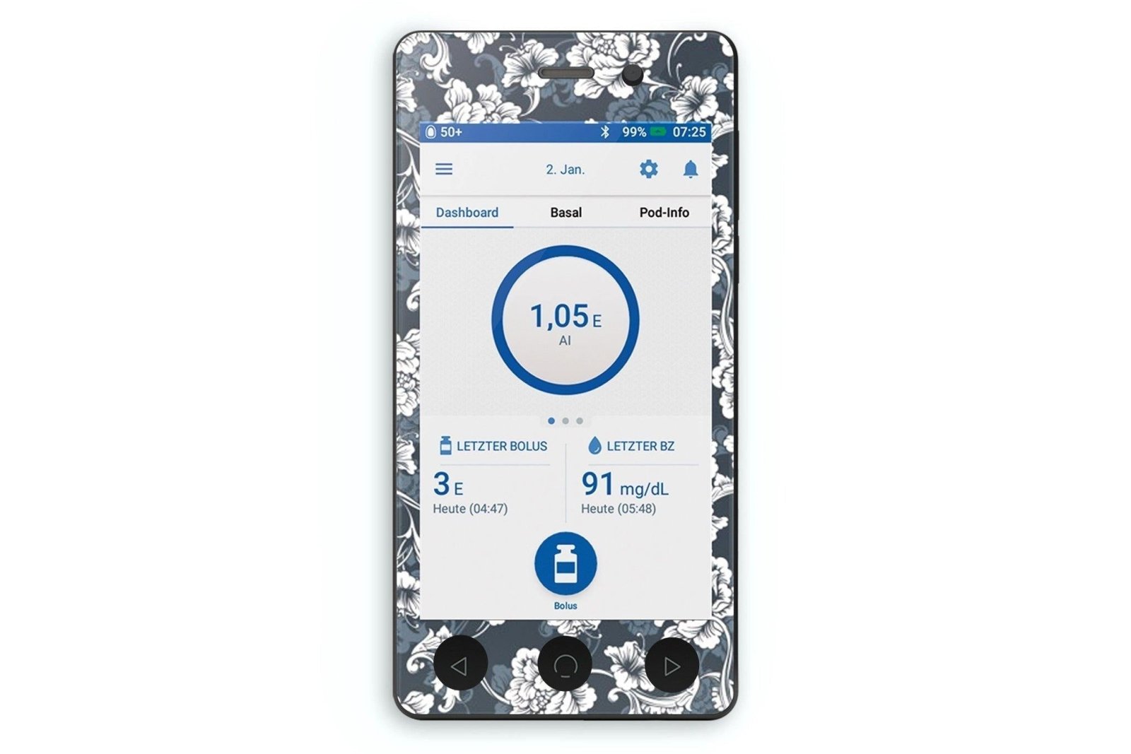 Monochrome Flowers Sticker - Omnipod Dash PDM for diabetes CGMs and insulin pumps