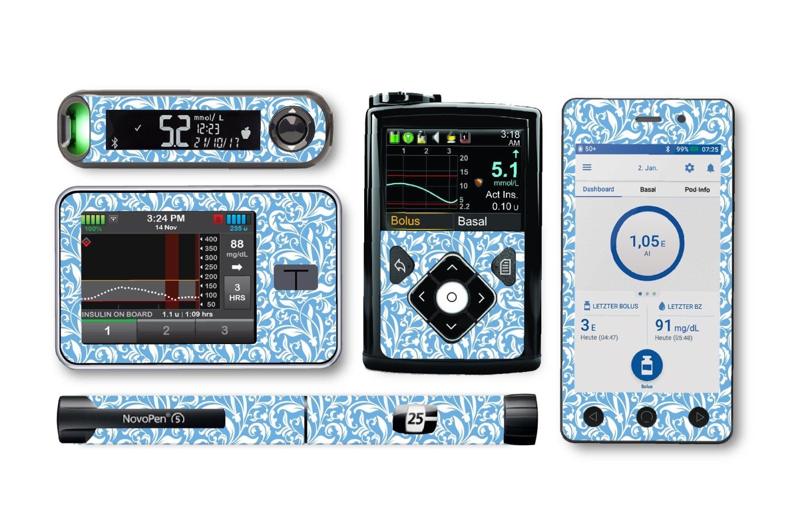 Royal White Flowers Sticker for Novopen 4, 5, 6, or Echo diabetes CGMs and insulin pumps