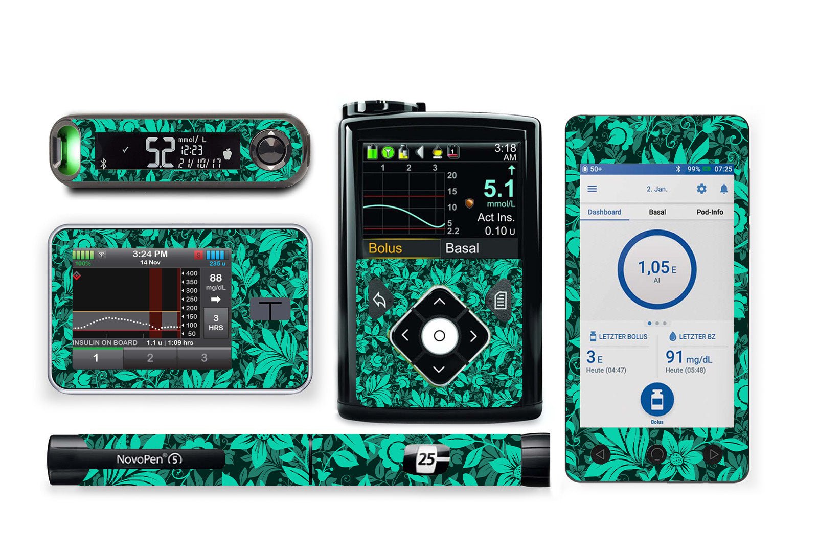 Bright Teal Flowers Sticker for Novopen 4, 5, 6, or Echo diabetes supplies and insulin pumps