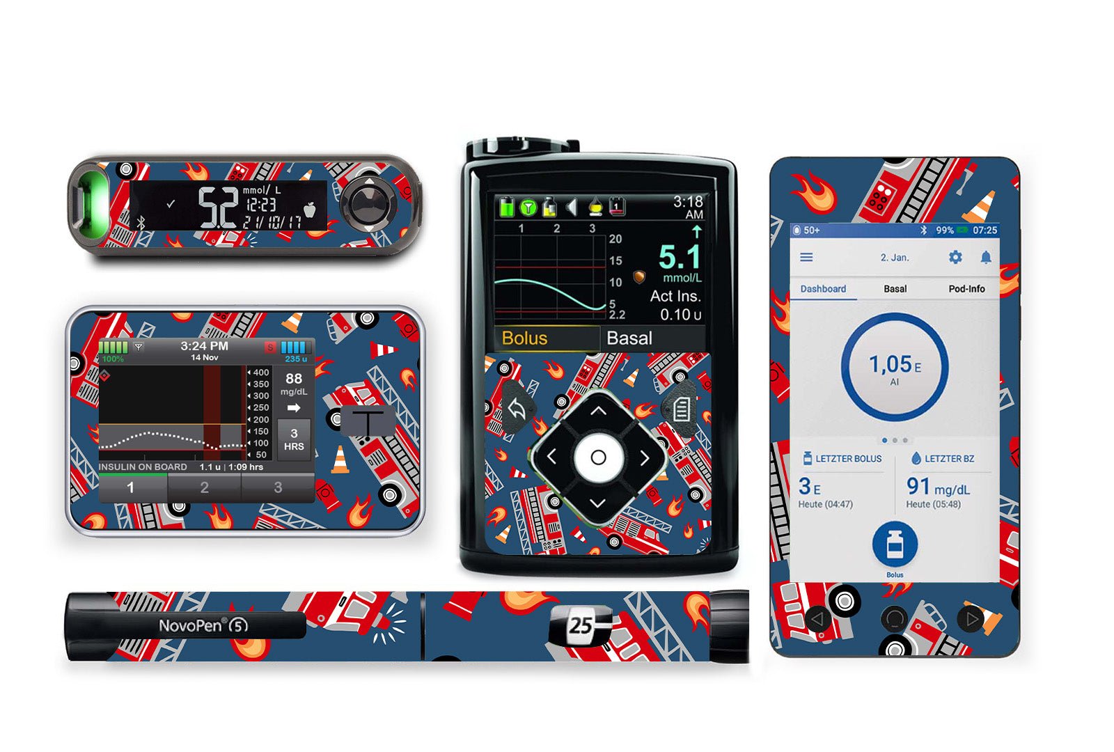 Fire Engine Sticker for Novopen 4, 5, 6, or Echo diabetes supplies and insulin pumps