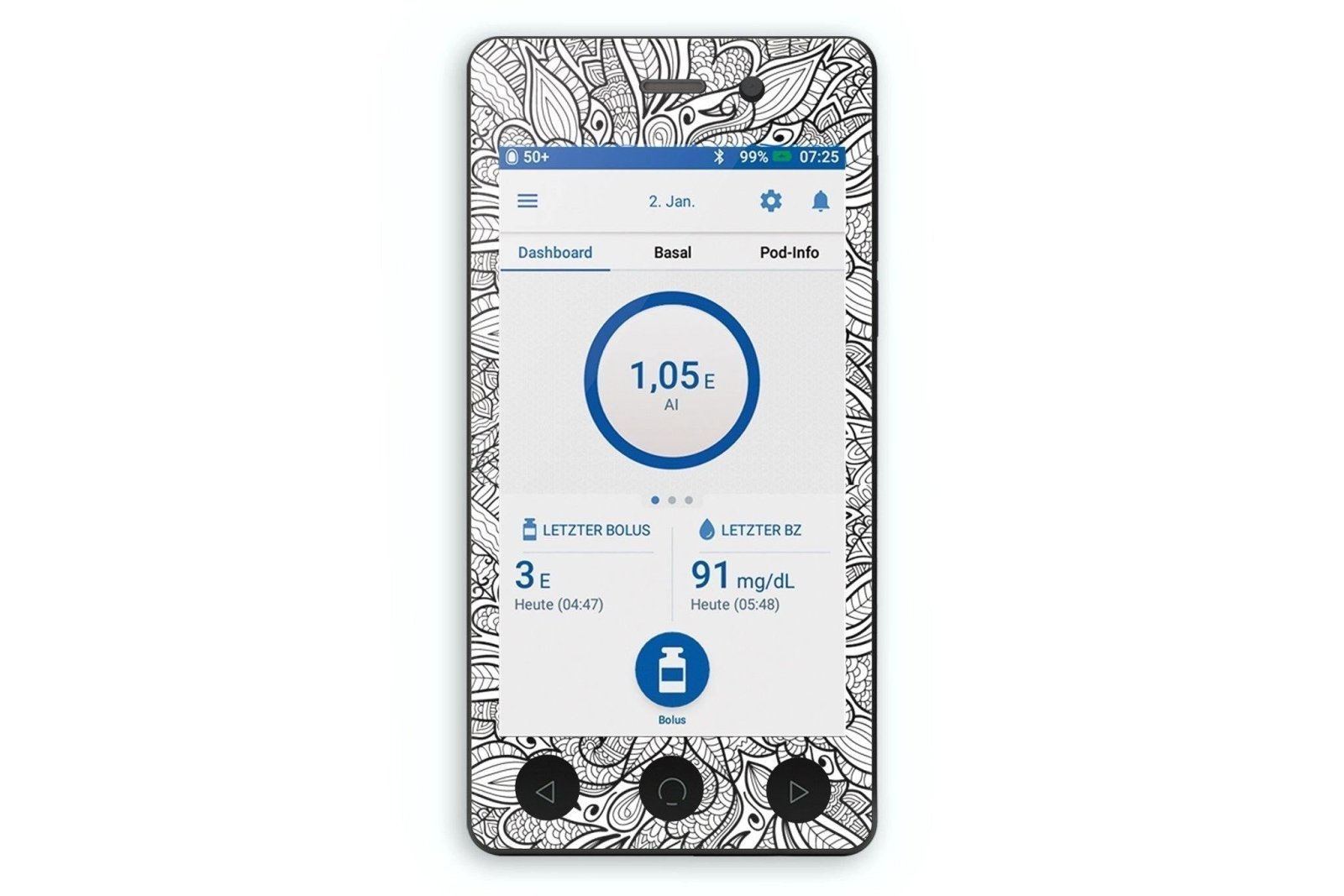 Greyscale Florals Sticker - Omnipod Dash PDM for diabetes CGMs and insulin pumps