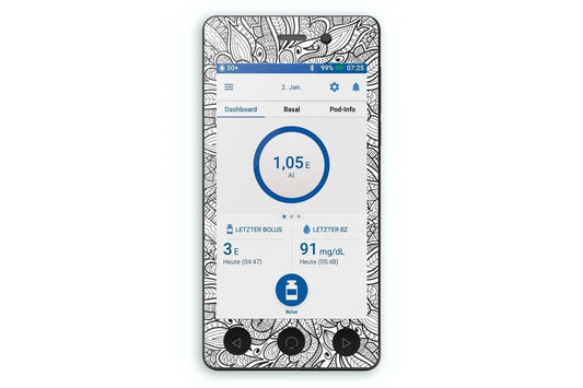Greyscale Florals Sticker - Omnipod Dash PDM for diabetes CGMs and insulin pumps