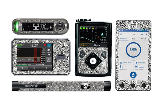 Greyscale Florals Sticker for Novopen 4, 5, 6, or Echo diabetes CGMs and insulin pumps