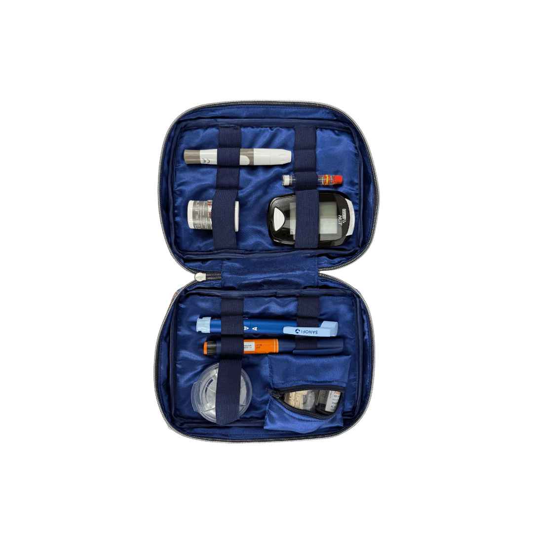 Navy Luxury T1D Essentials Bag for diabetes supplies and insulin pumps