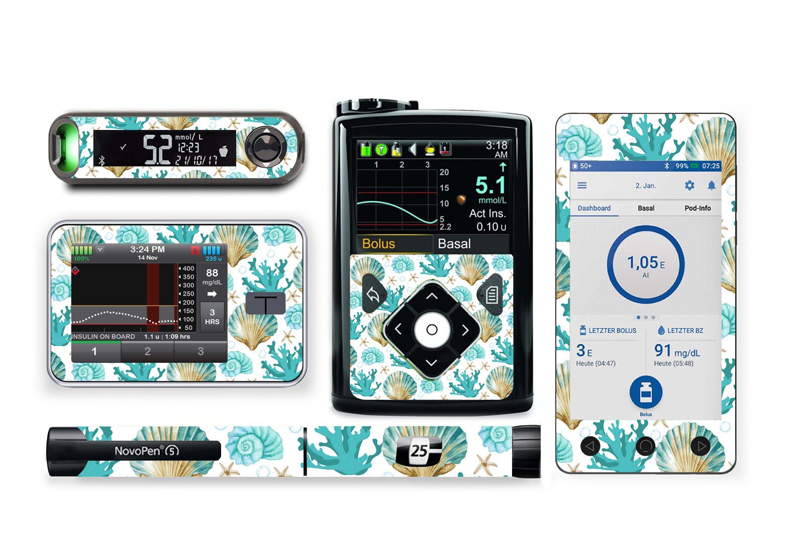 Seashells Sticker for Novopen 4, 5, 6, or Echo diabetes supplies and insulin pumps