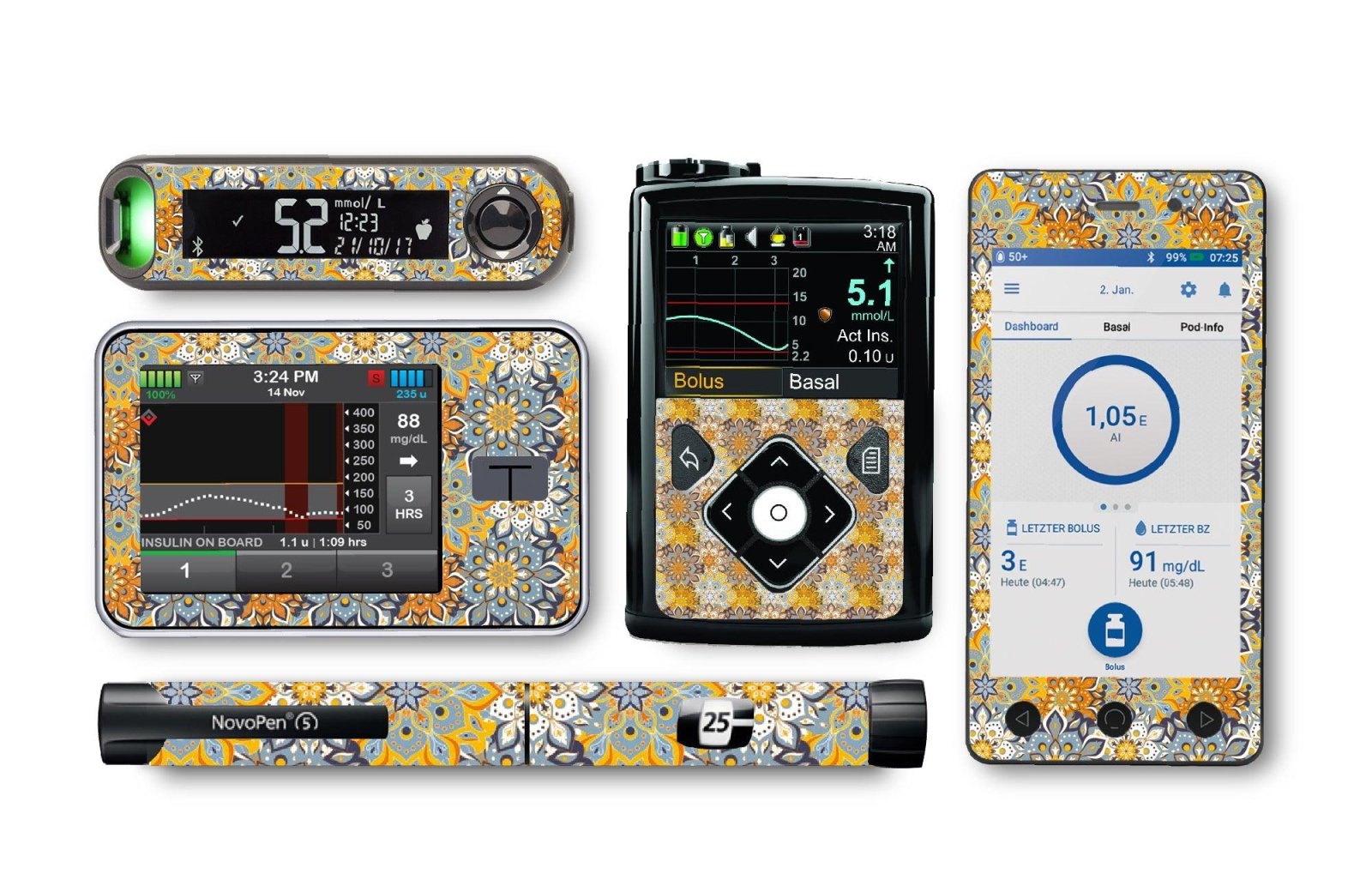 70's Funky Florals Sticker for Novopen 4, 5, 6, or Echo diabetes CGMs and insulin pumps