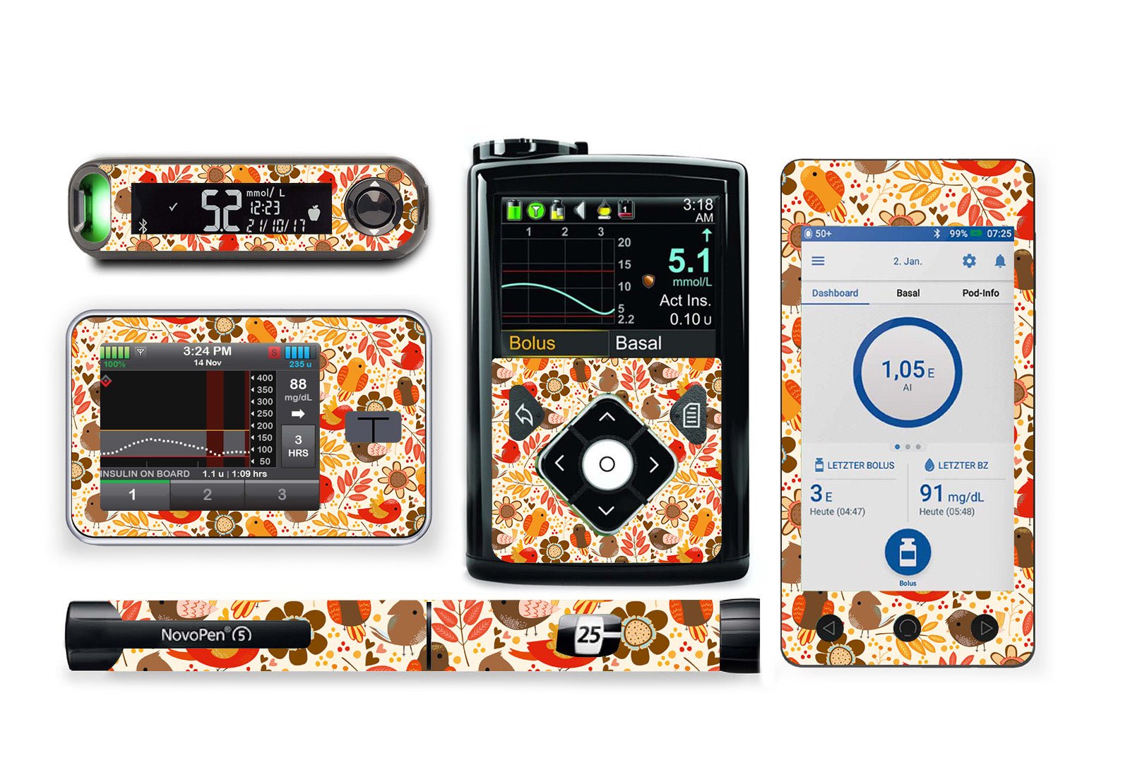 Birds and Flowers Stickers for Novopen 4, 5, 6, or Echo diabetes supplies and insulin pumps