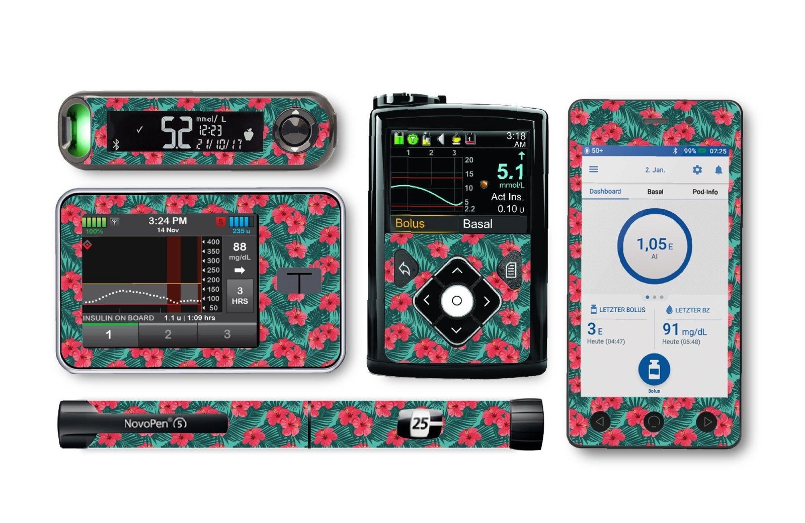 Bright Red Flowers Sticker for Novopen 4, 5, 6, or Echo diabetes CGMs and insulin pumps