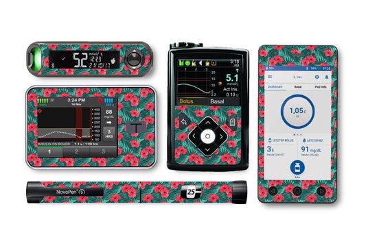 Bright Red Flowers Sticker for Novopen 4, 5, 6, or Echo diabetes CGMs and insulin pumps