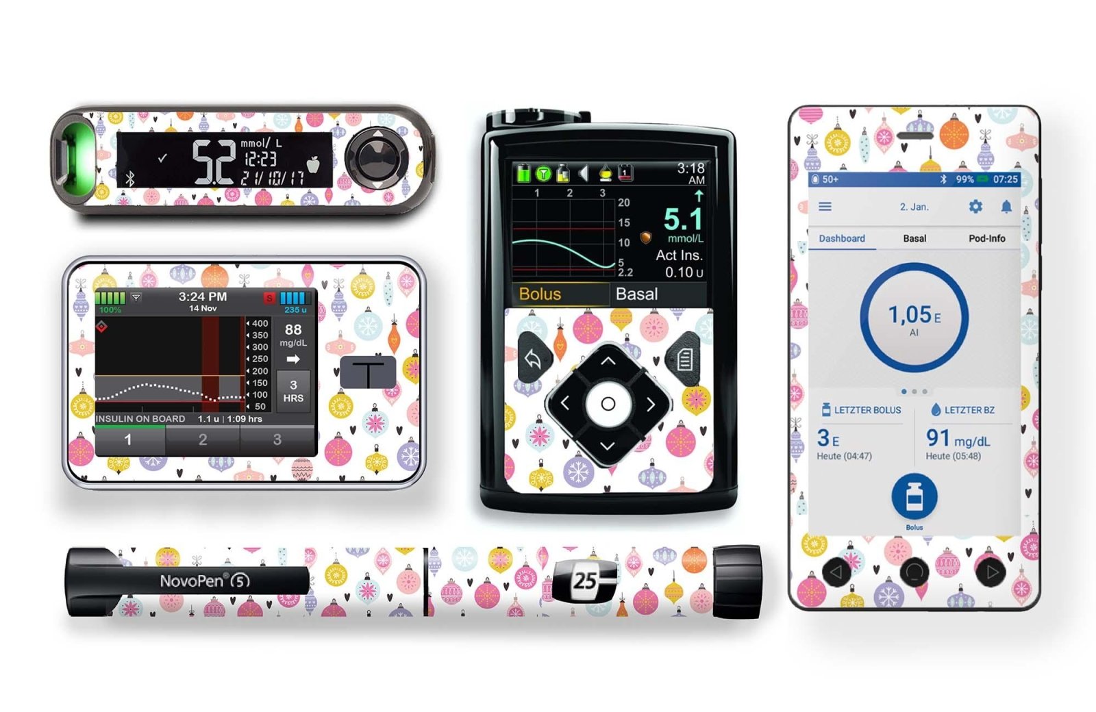 Brilliant Baubles Stickers for Novopen 4, 5, 6, or Echo diabetes CGMs and insulin pumps