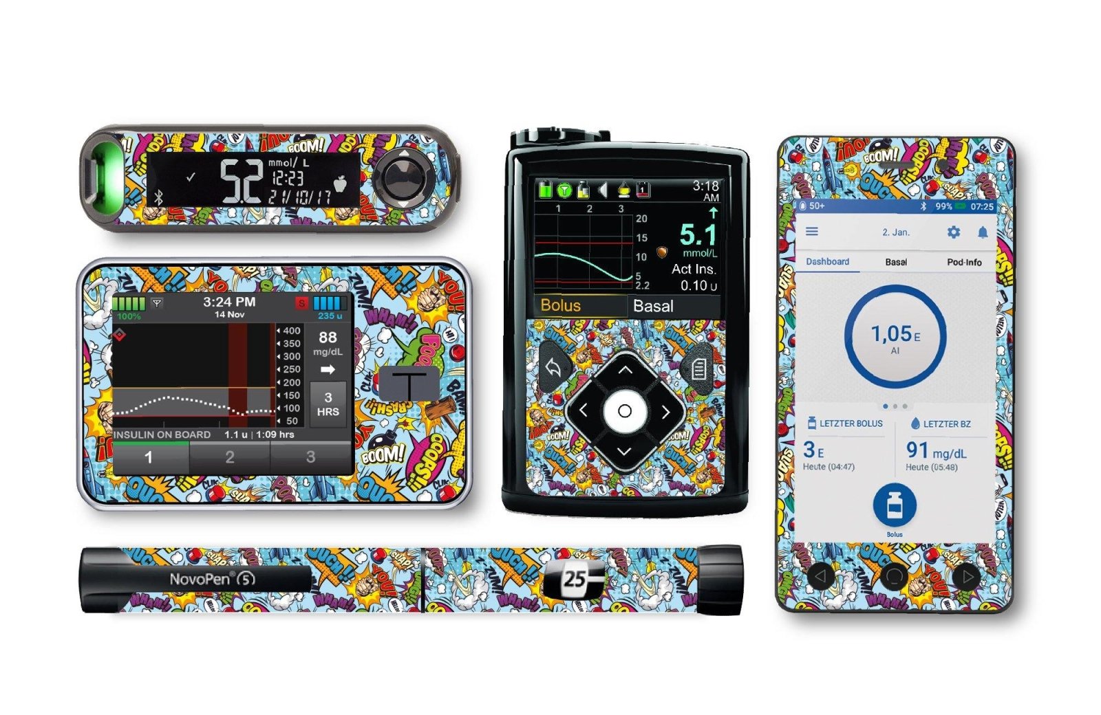 Comic Sticker for Novopen 4, 5, 6, or Echo diabetes CGMs and insulin pumps