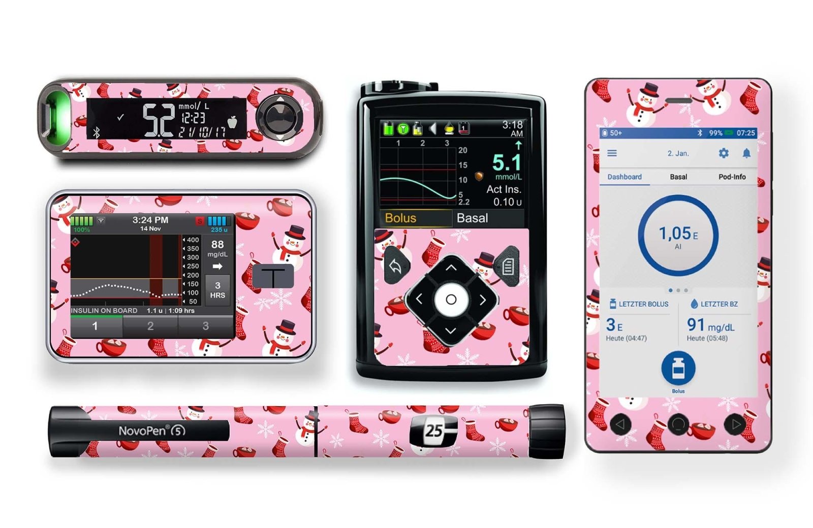 Cosy Christmas Stickers for Novopen 4, 5, 6, or Echo diabetes CGMs and insulin pumps