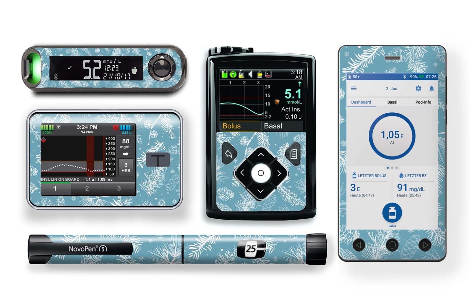 Frosty Feathers Stickers for Novopen 4, 5, 6, or Echo diabetes CGMs and insulin pumps