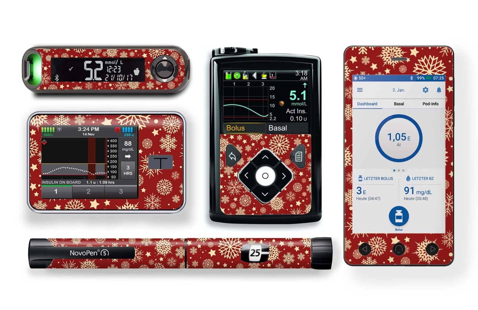 Golden Snowflakes Stickers for Novopen 4, 5, 6, or Echo diabetes CGMs and insulin pumps