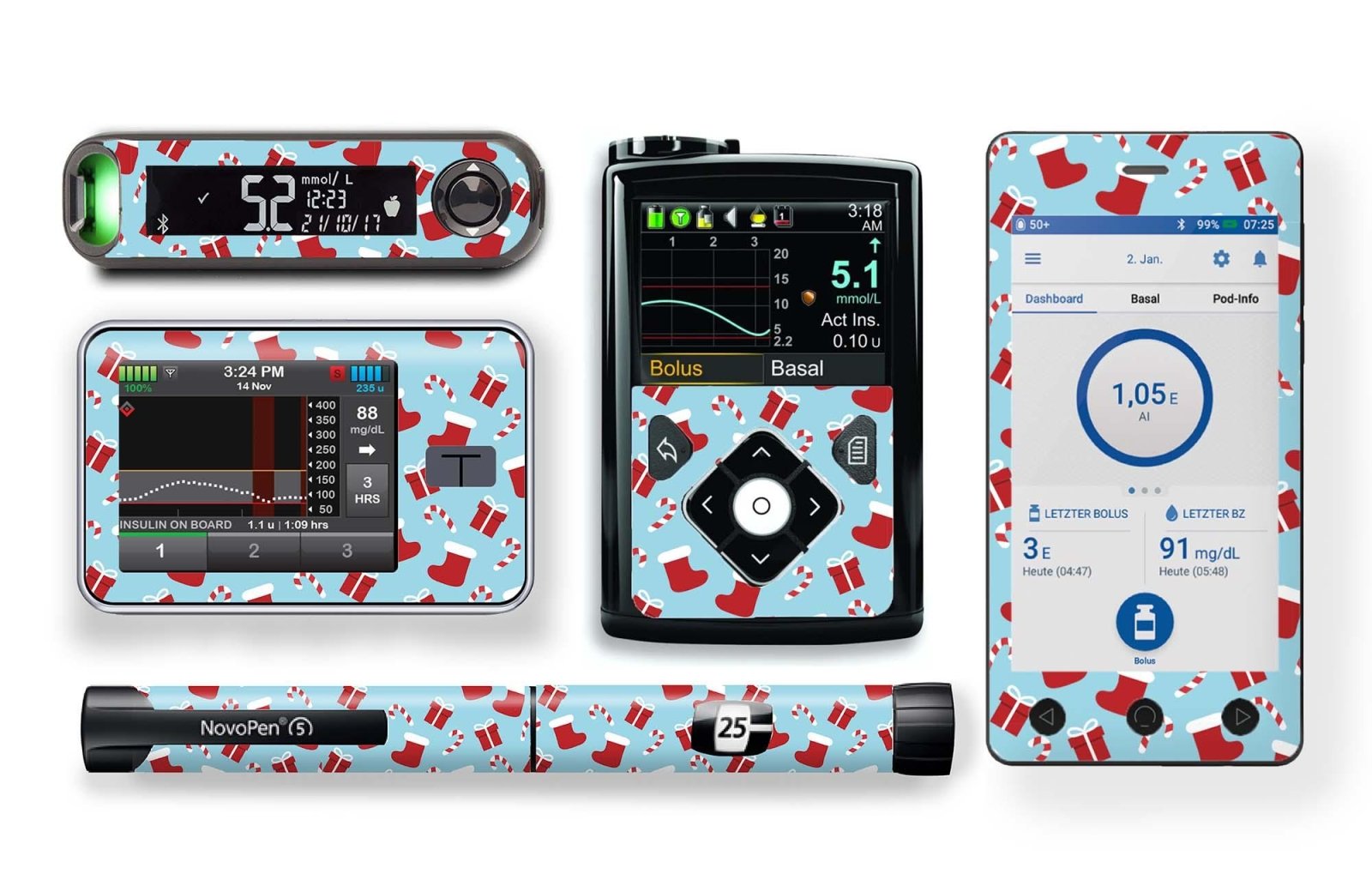 Secret Santa Stickers for Novopen 4, 5, 6, or Echo diabetes CGMs and insulin pumps