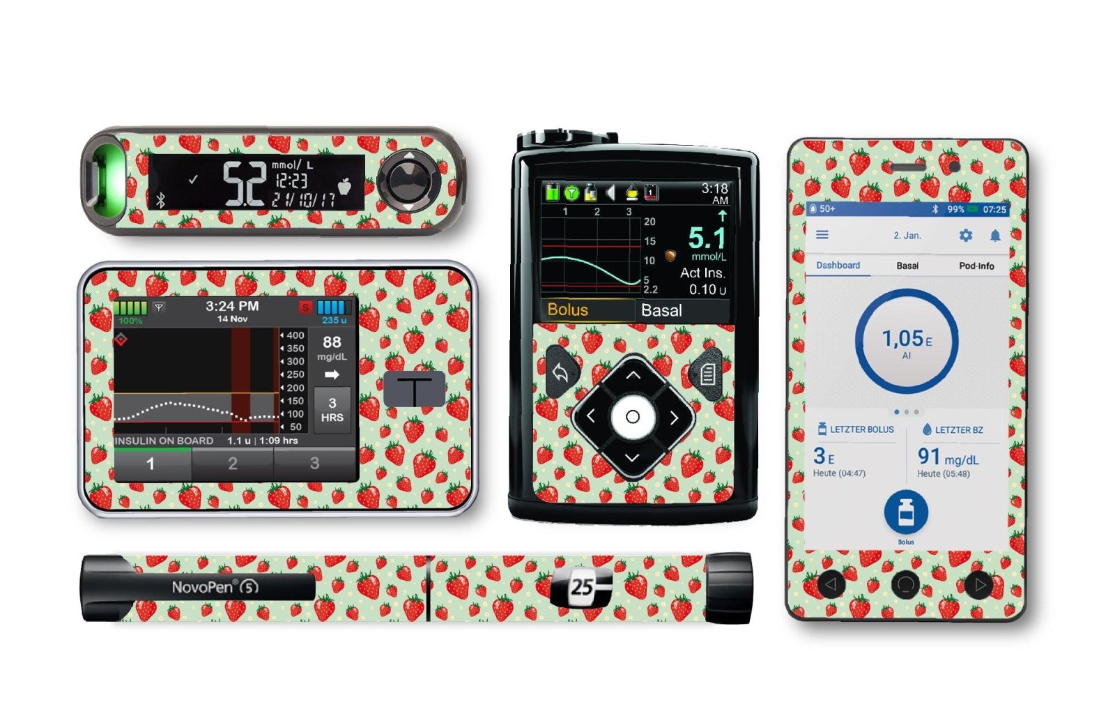 Strawberries Sticker for Novopen 4, 5, 6, or Echo diabetes CGMs and insulin pumps