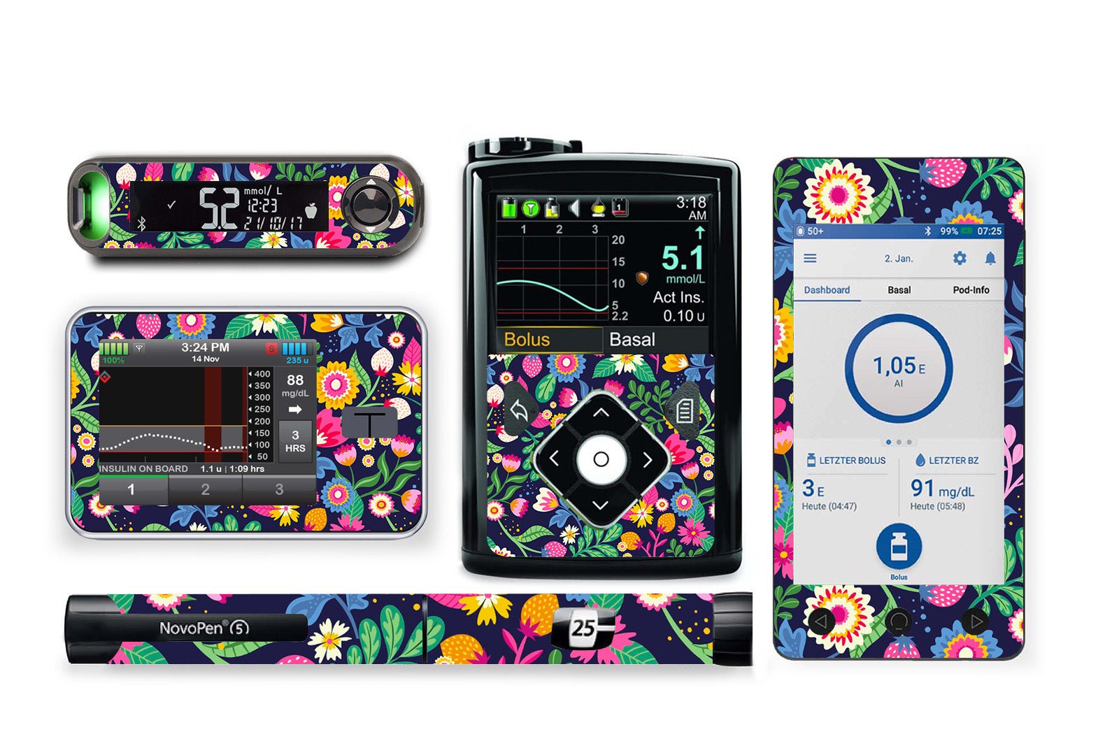 Vibrant Flowers Sticker for Novopen 4, 5, 6, or Echo diabetes supplies and insulin pumps