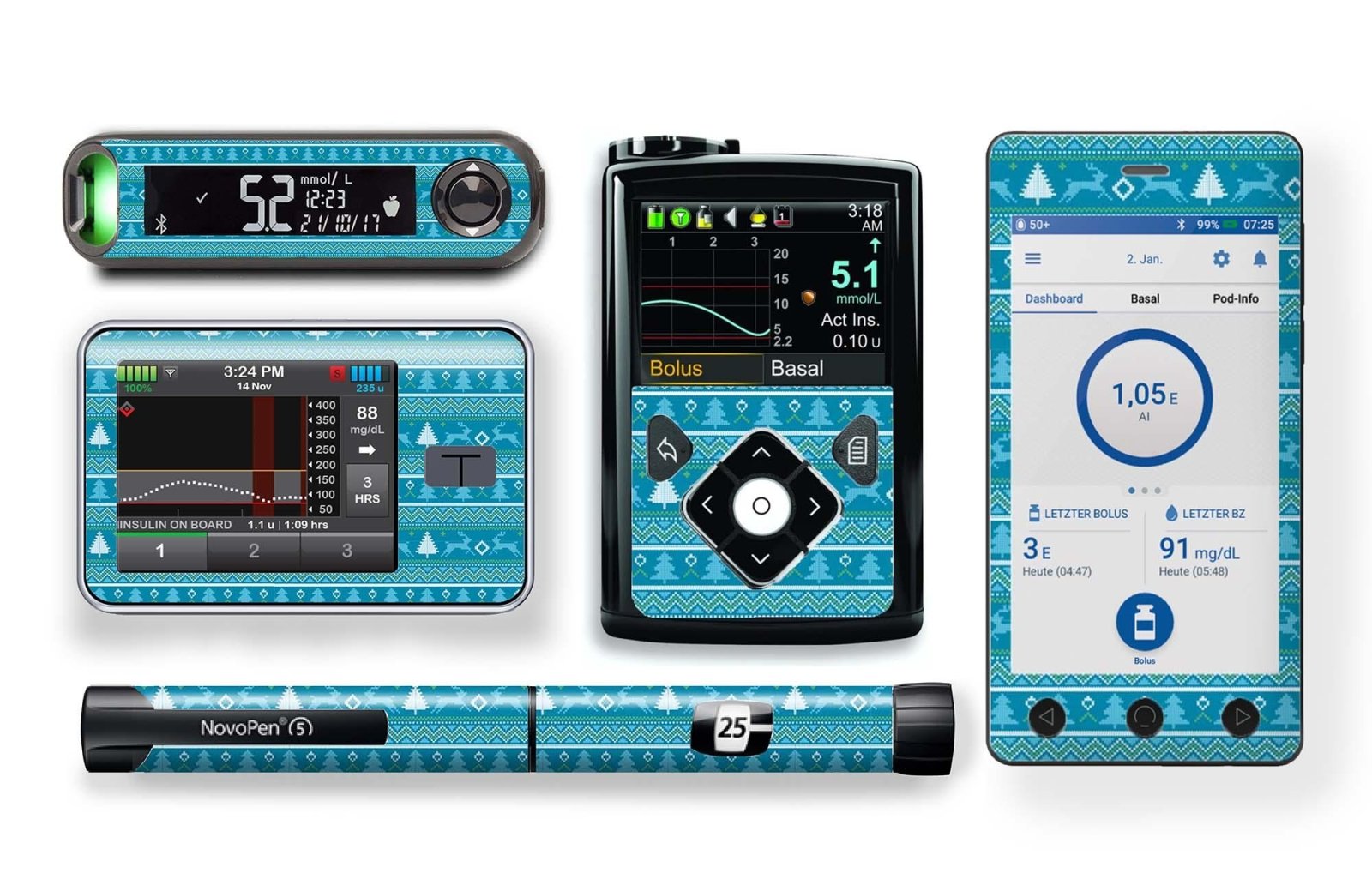 Warm Winter Stickers for Novopen 4, 5, 6, or Echo diabetes CGMs and insulin pumps