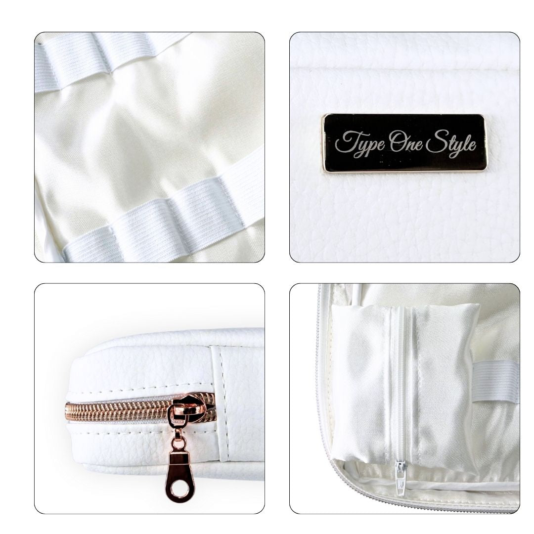 White Luxury T1D Essentials Bag for diabetes supplies and insulin pumps