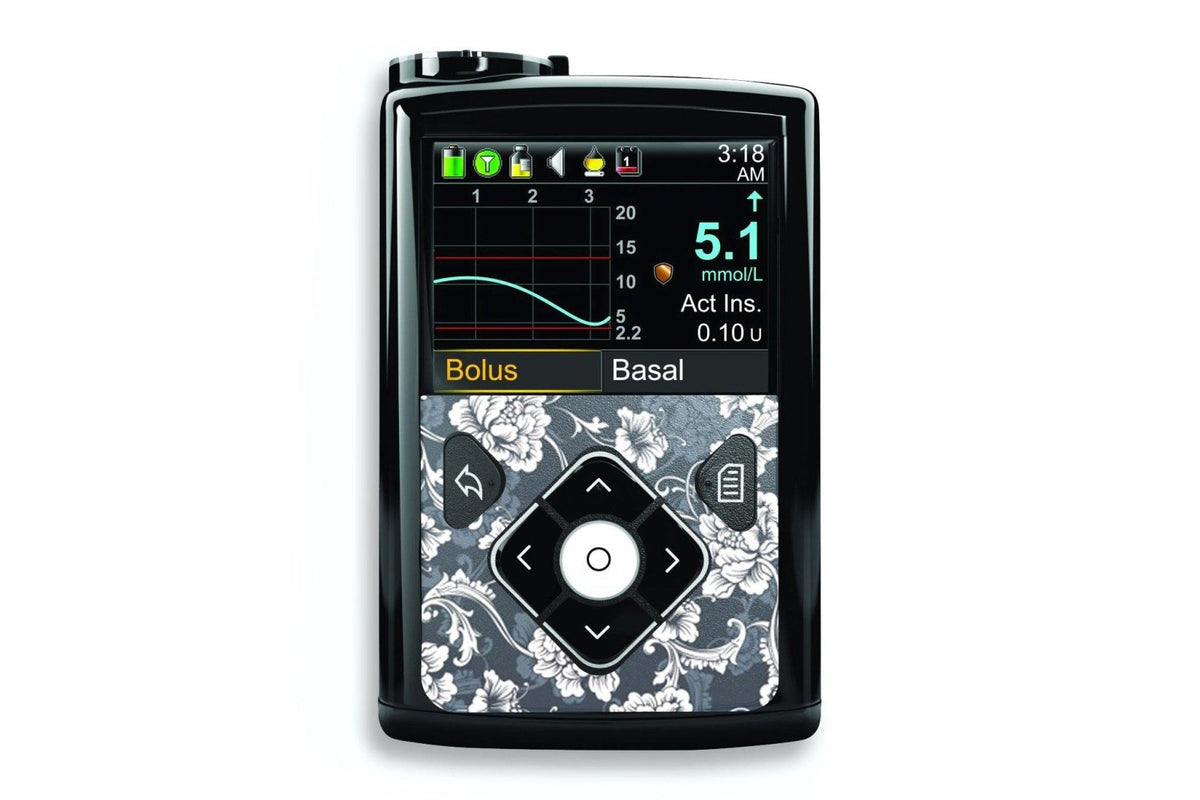 Black Flowers Sticker - Medtronic Minimed 640g, 680g, 780g for diabetes CGMs and insulin pumps