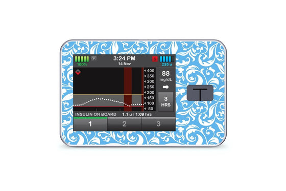 Blue and White Flowers Sticker for T-Slim diabetes CGMs and insulin pumps