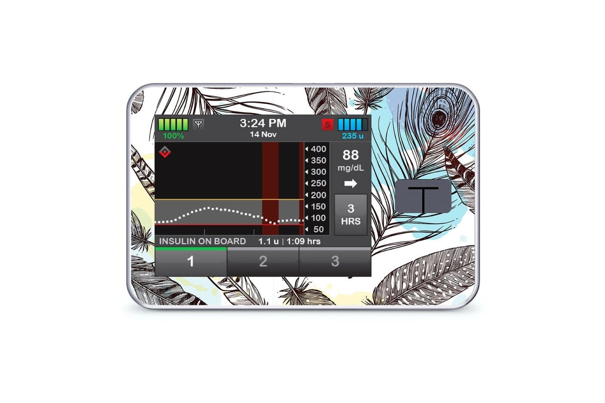 Colourful Feathers Sticker - T-Slim for diabetes CGMs and insulin pumps