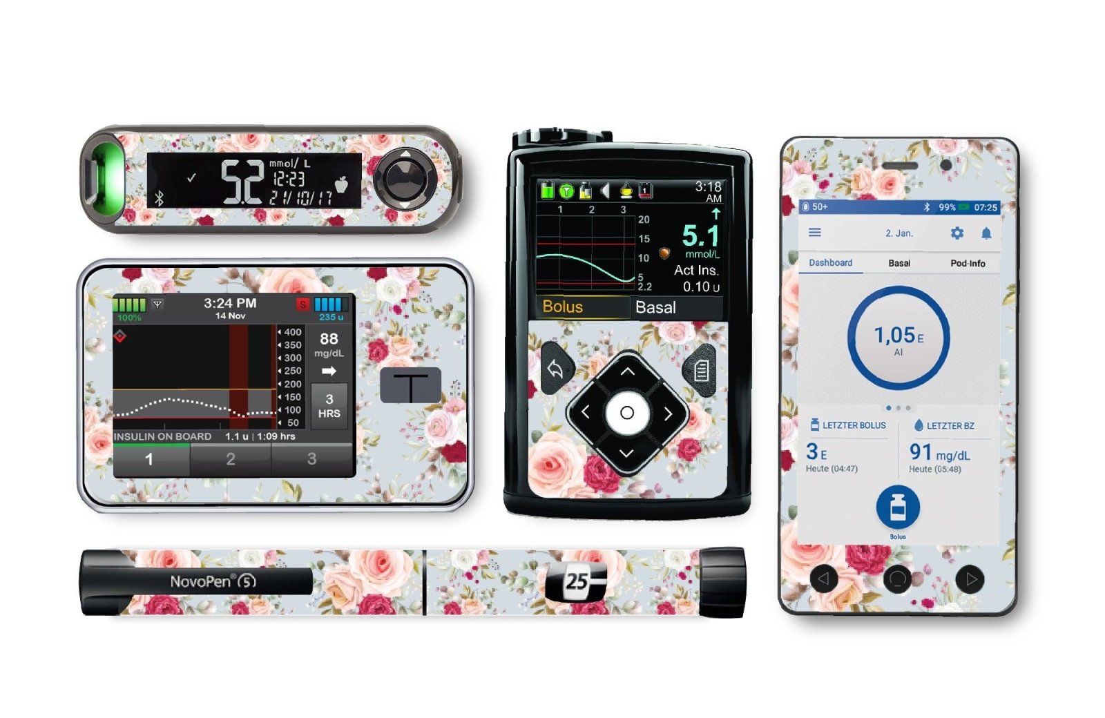 Elegant Flowers Sticker for Novopen 4, 5, 6, or Echo diabetes CGMs and insulin pumps