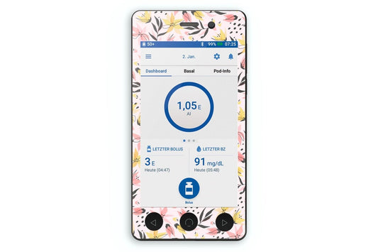 Pink and Yellow Flowers Sticker - Omnipod Dash PDM for diabetes CGMs and insulin pumps