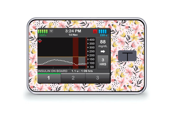 Pink and Yellow Flowers Sticker for T-Slim diabetes CGMs and insulin pumps